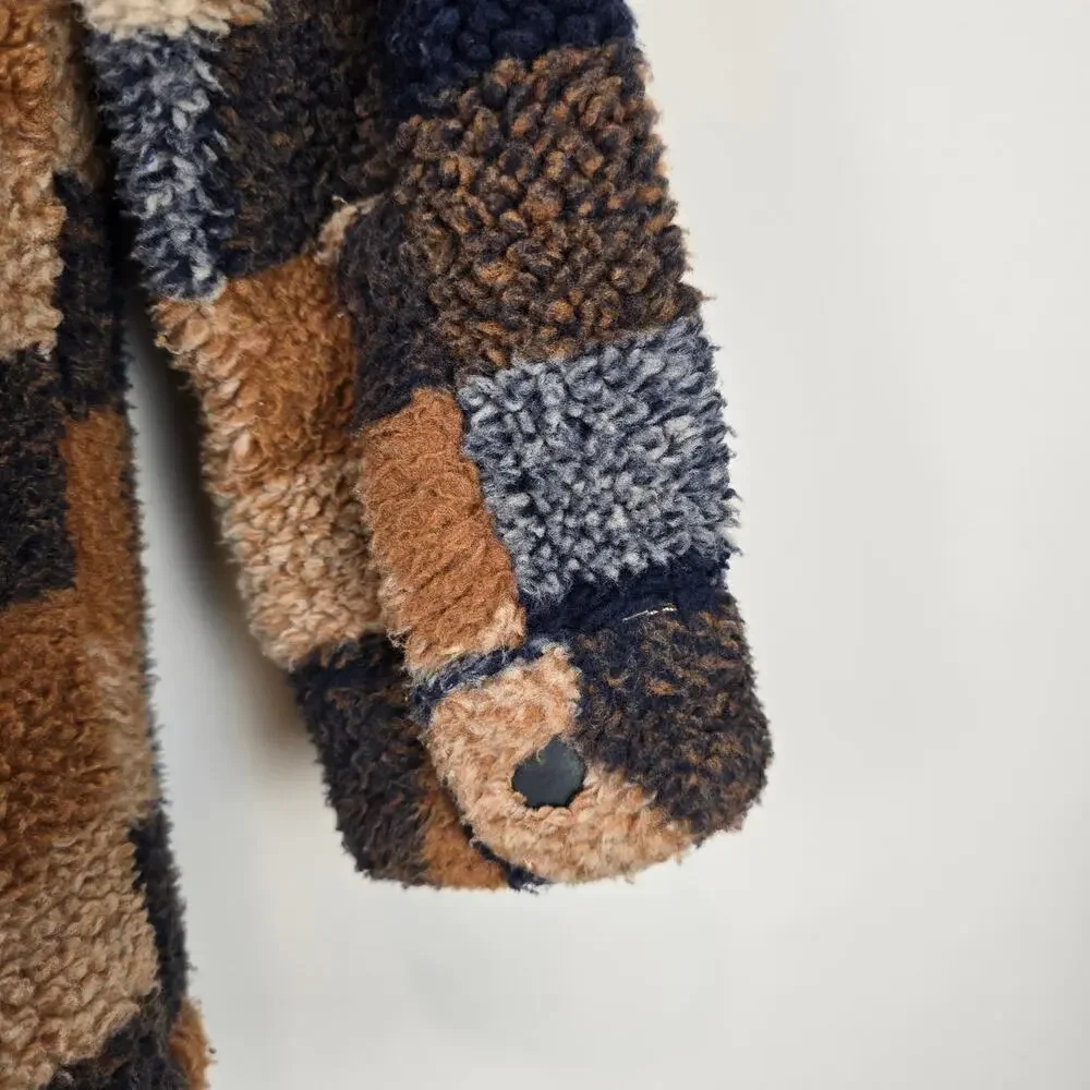 Zara Fleece Overshirt Size 6/7 Brown Navy Sherpa Snap Pockets Lined